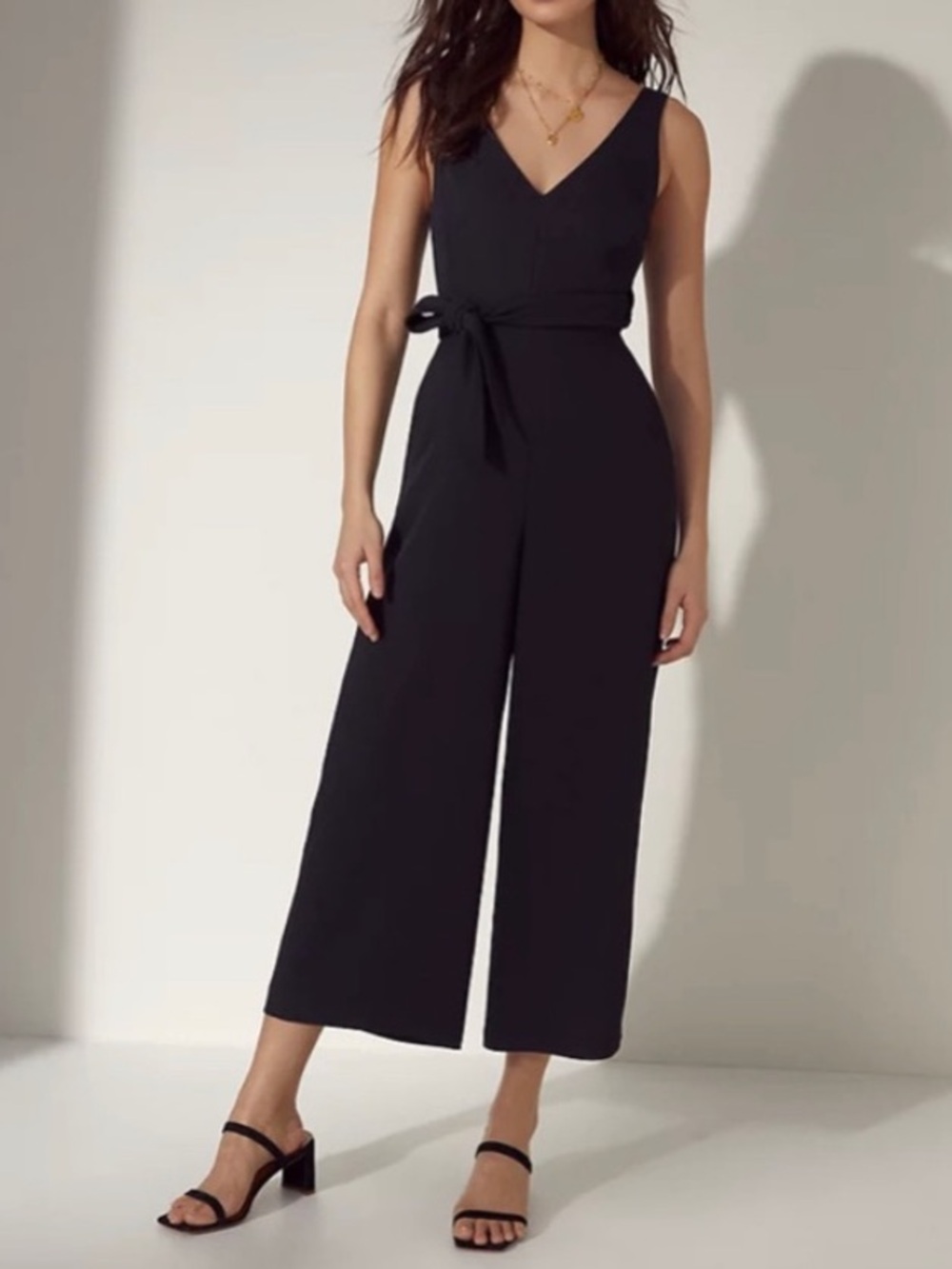 Wilfred Black Sleeveless V-Neck Wide-Leg Jumpsuit with Waist Tie